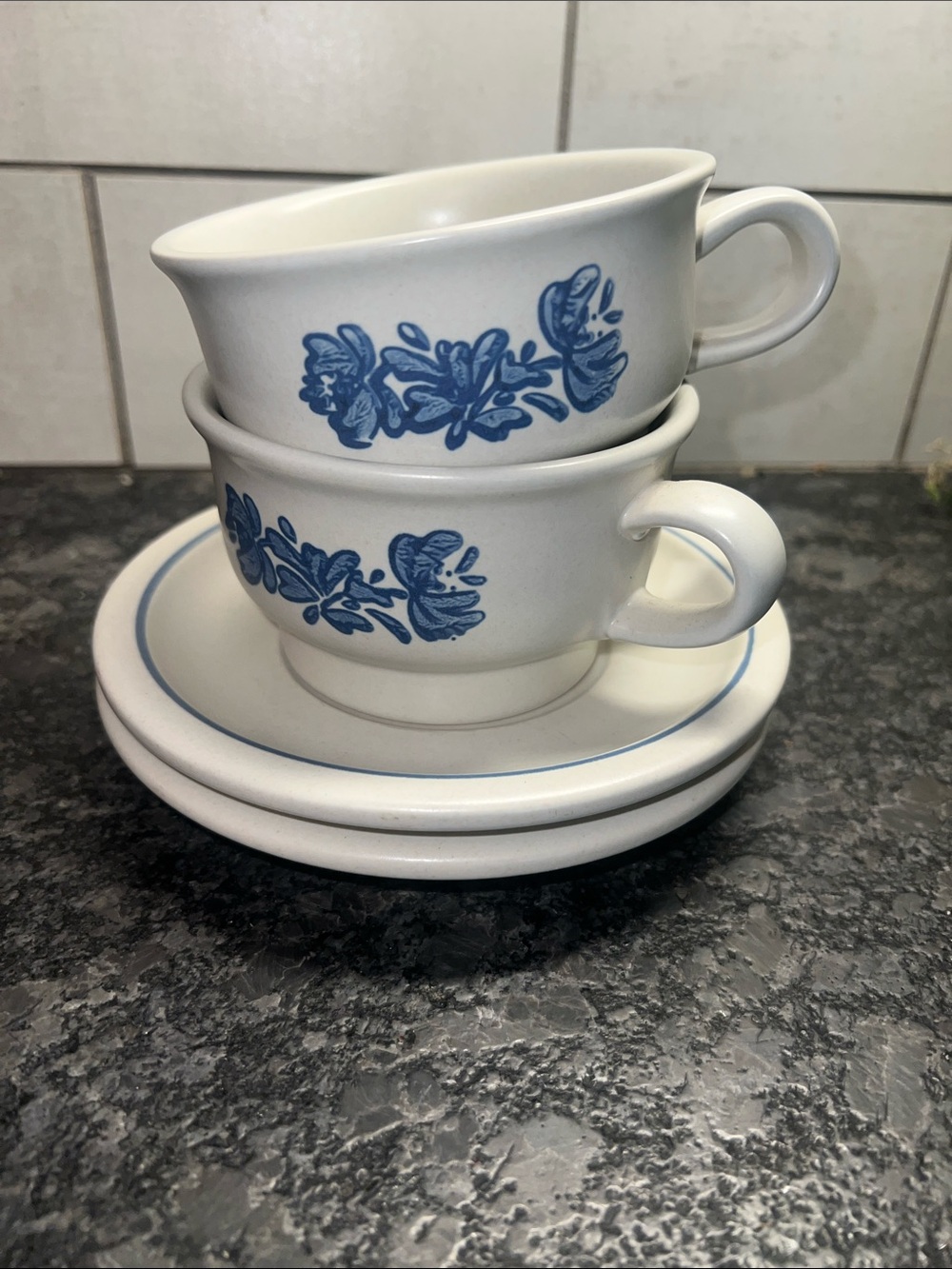 Set of 2 Pfaltzgraff Yorktowne coffee cup and saucer set with Blue Floral Motif